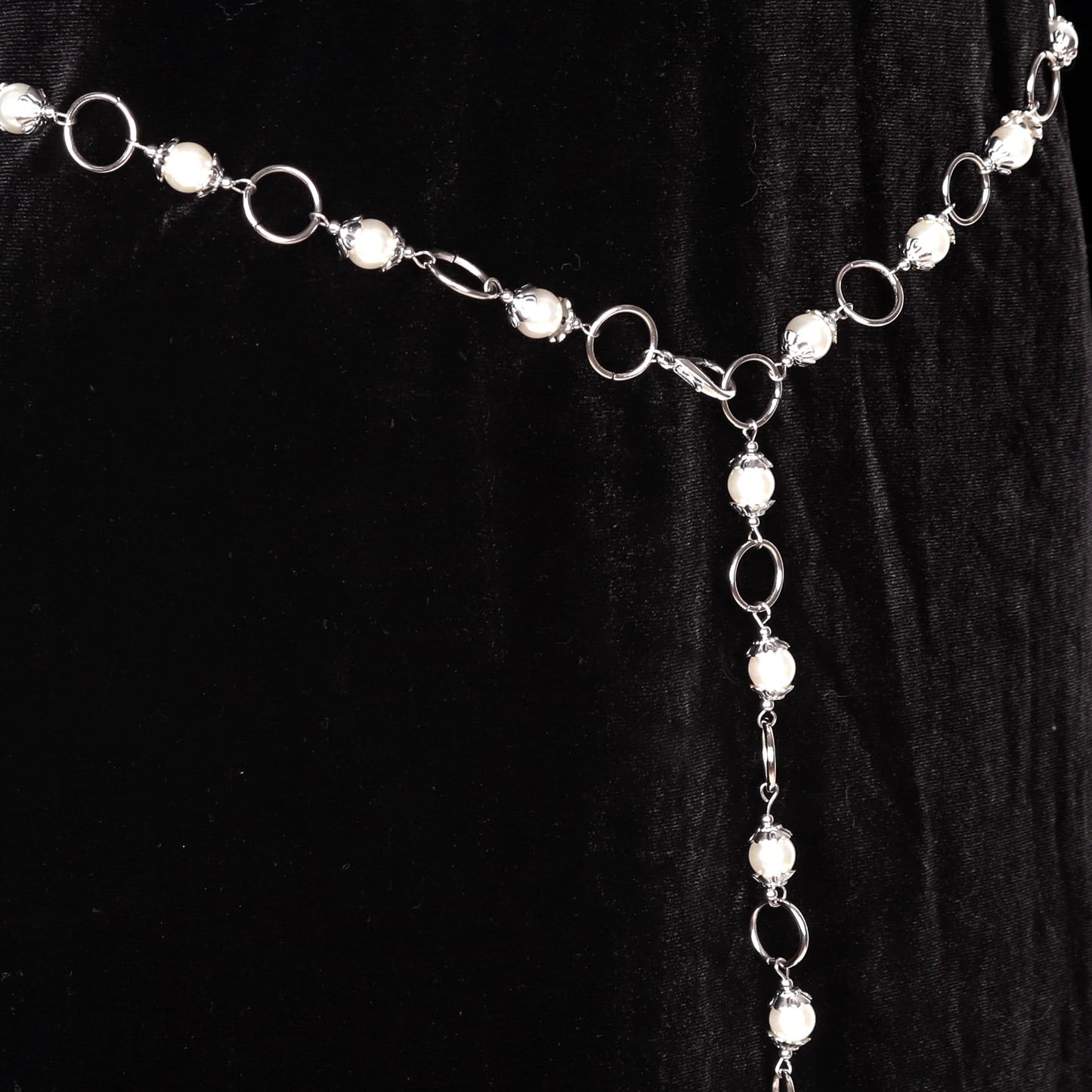L'VOW Women's Renaissance Medieval Witch Belt - Silver Waist Chain With Concho Bead and Long Pearl for Dresses