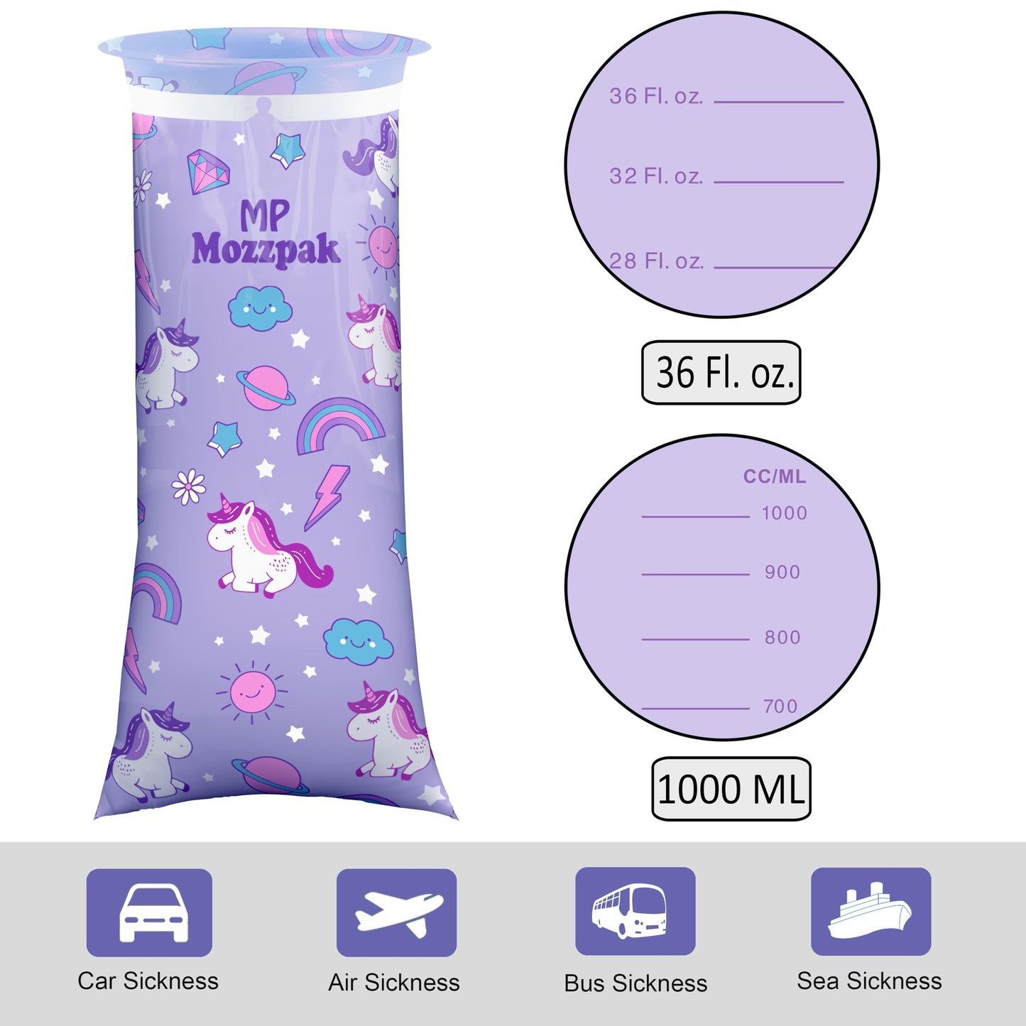 MP MOZZPAK Unicorn Kids Vomit Bags Disposable 35 Pack - Emesis Bags, Leak-Proof Barf Bag, Motion Sickness Relief for Children, Travel Friendly Puke & Throw up Bag for Car, Plane, & Road Trips