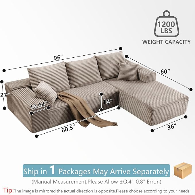 96" Cloud Sectional Couch with L-Shape Chaise, Modern Corduroy Boneless Couch for Living Room,Memory Foam Sofa with Deep Seat,No Assembly Required (Camel,Right-Facing Chaise)