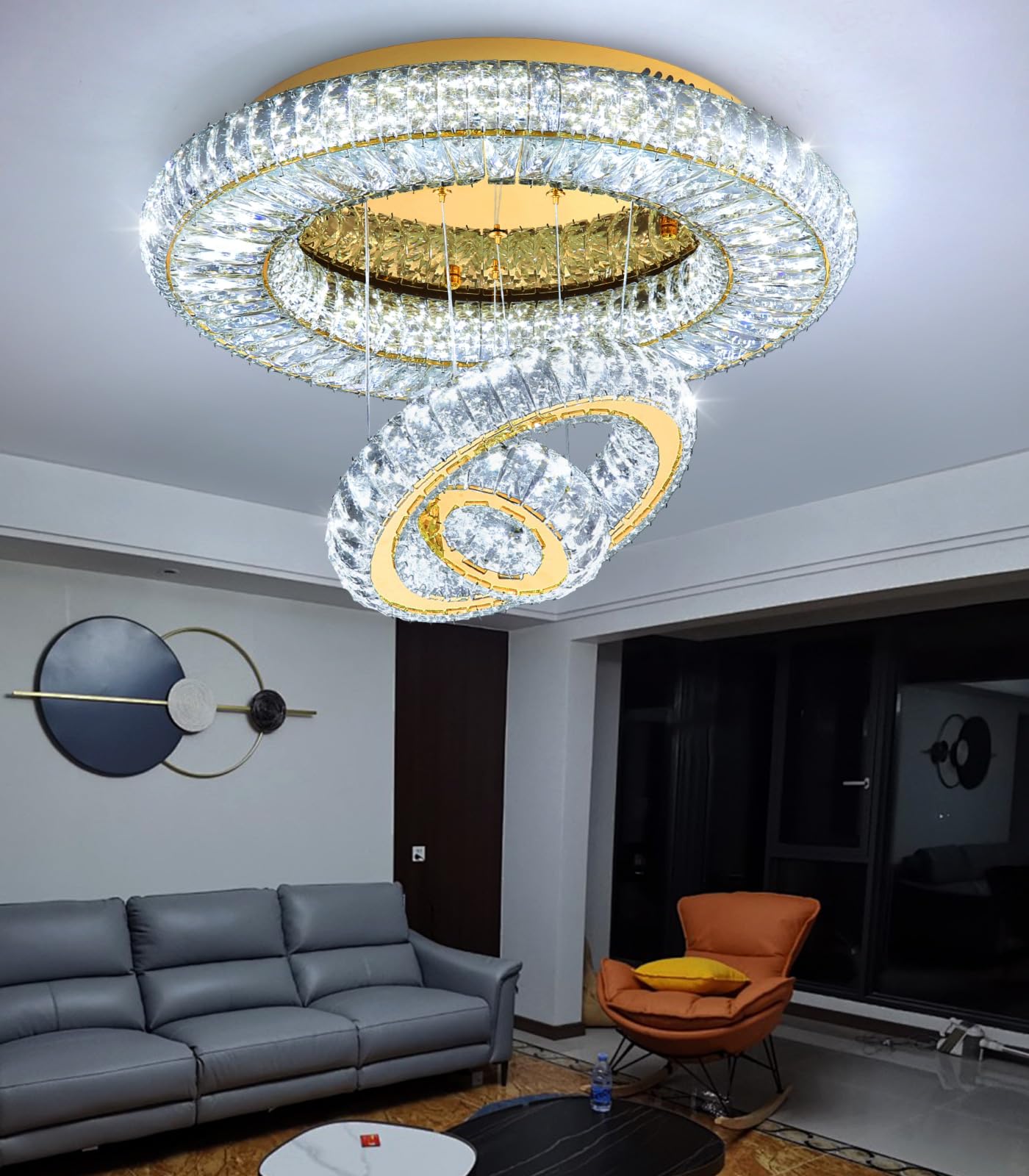24'' Modern Crystal Chandeliers for Living Room LED Dimmable Ceiling Light Fixtures for Flush Mount Light for Bedrooms Foyer Hallway Entryway Gold