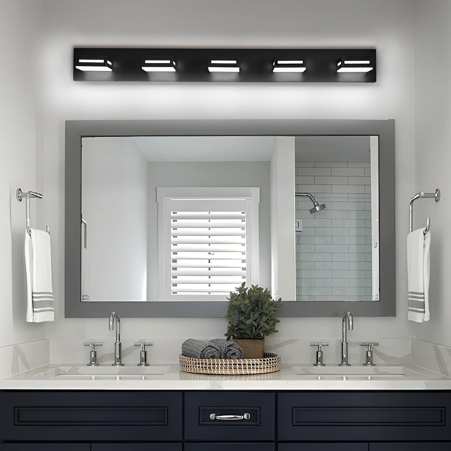 Donrao 40-Inch 5-Light LED Modern Black Bathroom Vanity Light Fixtures Over Mirror, Bathroom Lighting Fixtures with Cool White 6000K, Vanity Wall Lights for Bath Restroom Powder Room