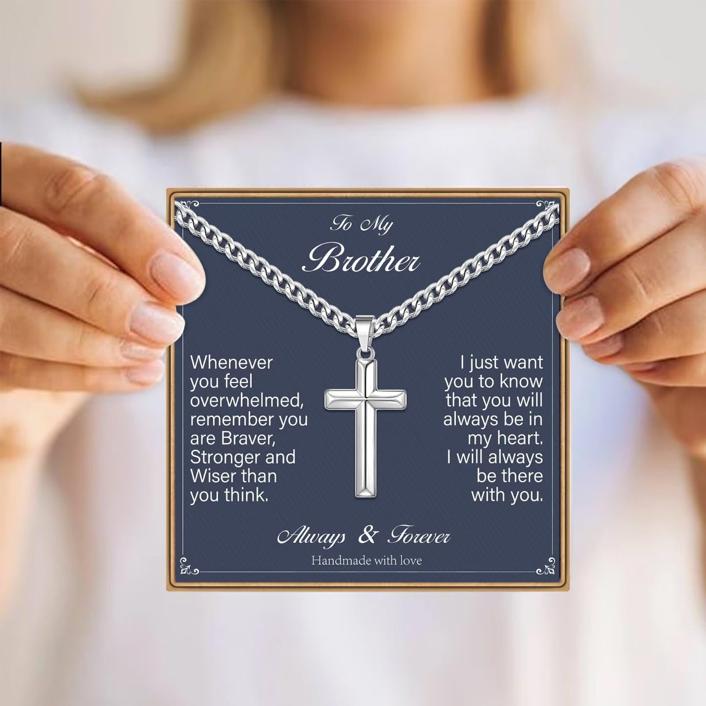 IEFLIFE Cross Necklace Gifts for Brother - Stainless Steel Silver Cuban Link Chain Cross Necklace for Men Fathers Day Birthday Gifts for Brother Gift from Sister Necklaces Gift for Men Him