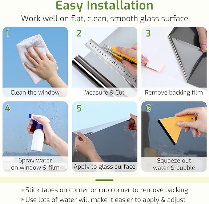 LUTE One Way Window Privacy Film, Window Tint for Home, Sun Blocking UV Heat Blocker, See Out Not in Reflective Mirror Film, Removable Static Cling Glass Door Cover, Black Silver, 35.4" x 157.4"