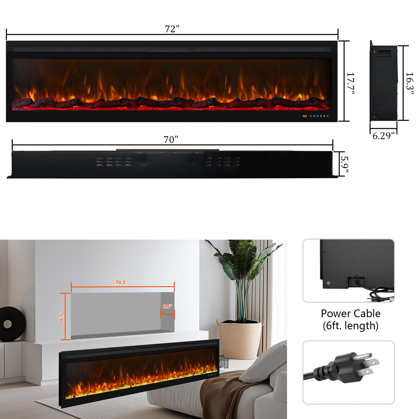 Oxhark Flame Linear Smart WiFi Electric Fireplace 72 Inch, APP & Touch Screen & Remote Control, 169 Realistic Flame Color Combinations, Timer & Thermostat Fireplace Heater,1500W