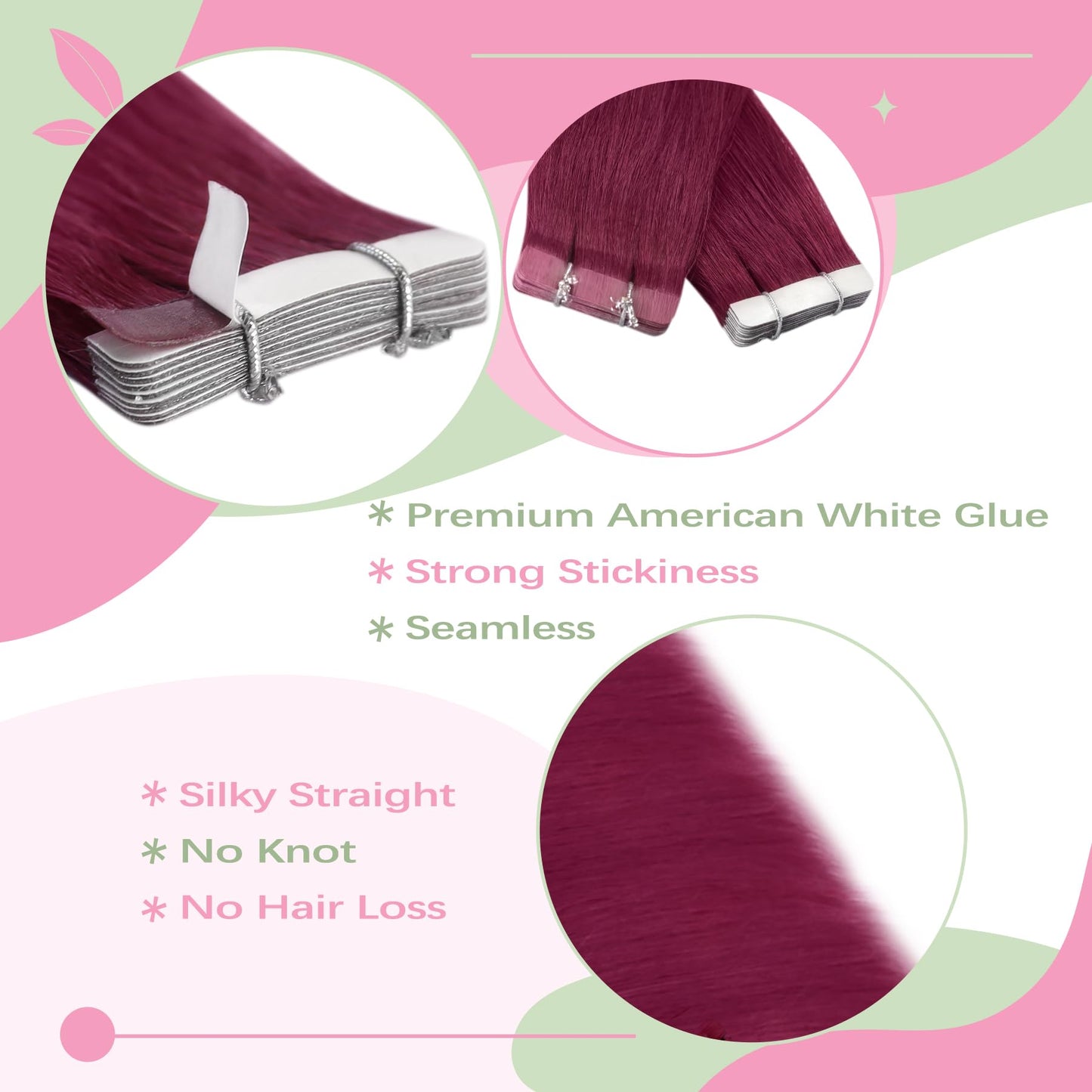 YoungSee Invisible Tape in Hair Extensions Magenta Tape Hair Extensions Real Human Hair Red 22 Inch Colored Tape Ins Human Hair