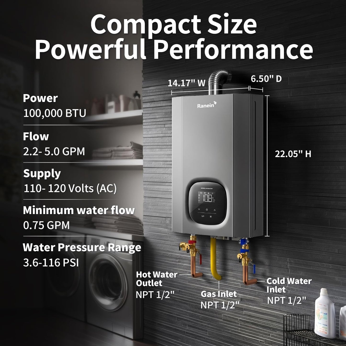 Ranein Propane Gas Tankless Water Heater, Indoor Max 4.3 GPM, 100,000 BTU Instant Hot Water Heater