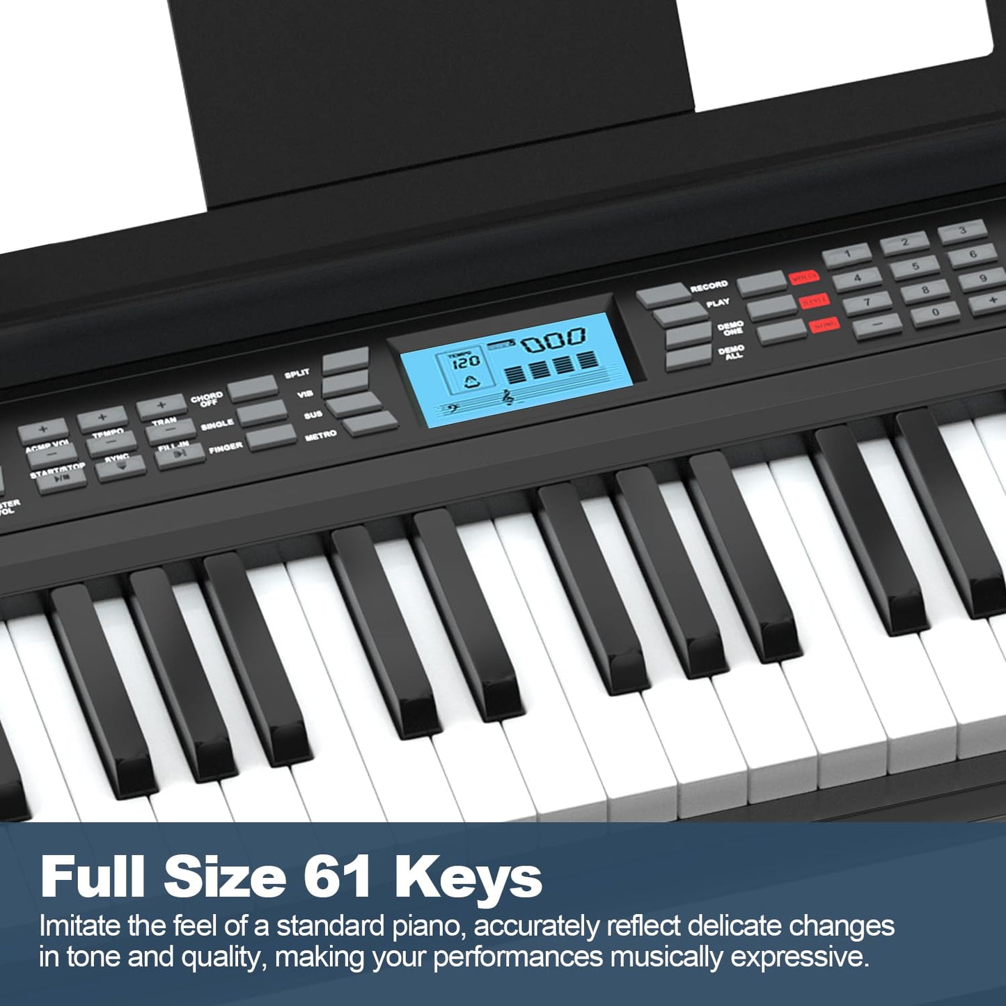 61 Key Keyboard Piano, Portable Electric Piano Keyboard w/LCD Screen, Built-In Speakers, Headphones, Stand, Stool, Music Rest, Microphone, 300 Timbres, 300 Rhythms