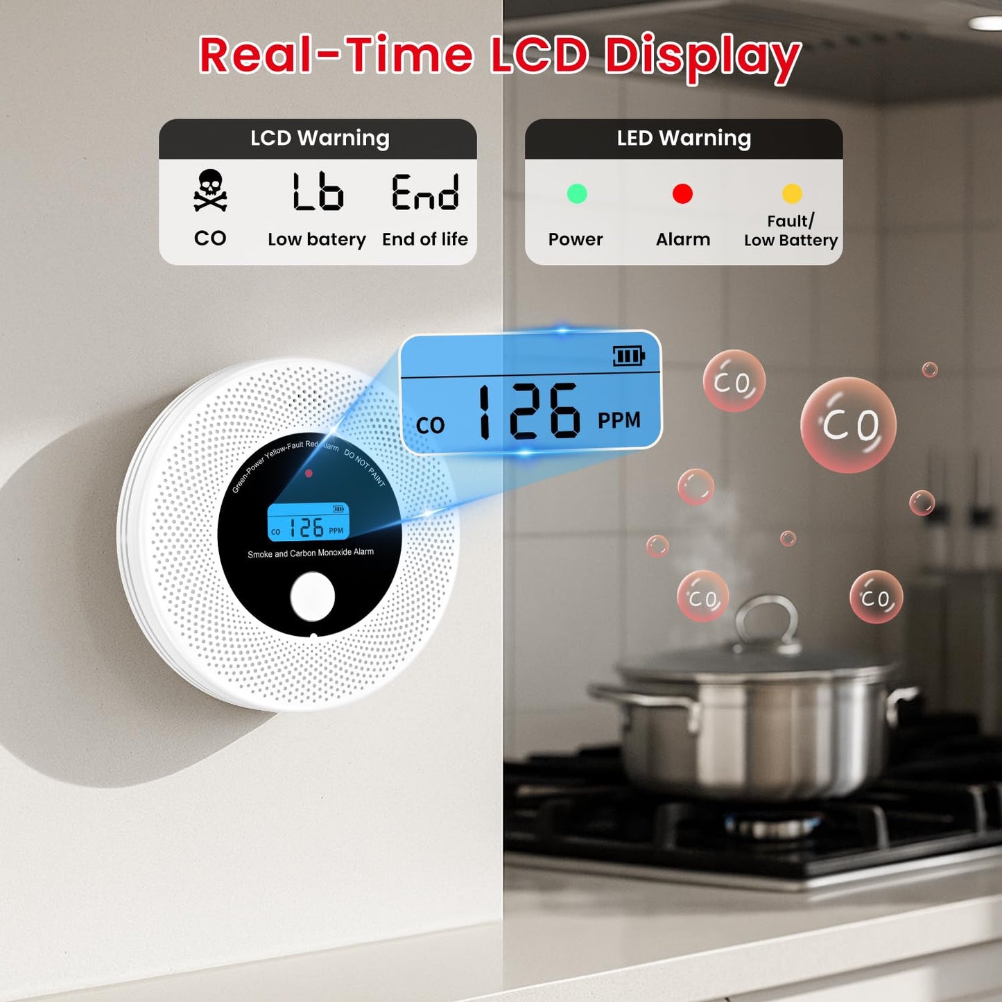 Alertlink 2-in-1 Smoke and Carbon Monoxide Detector Alarm, with Voice Alert,10-Year Battery Fire & CO Alarm with Large LCD Display, Easy Install with Adhesive or Screws