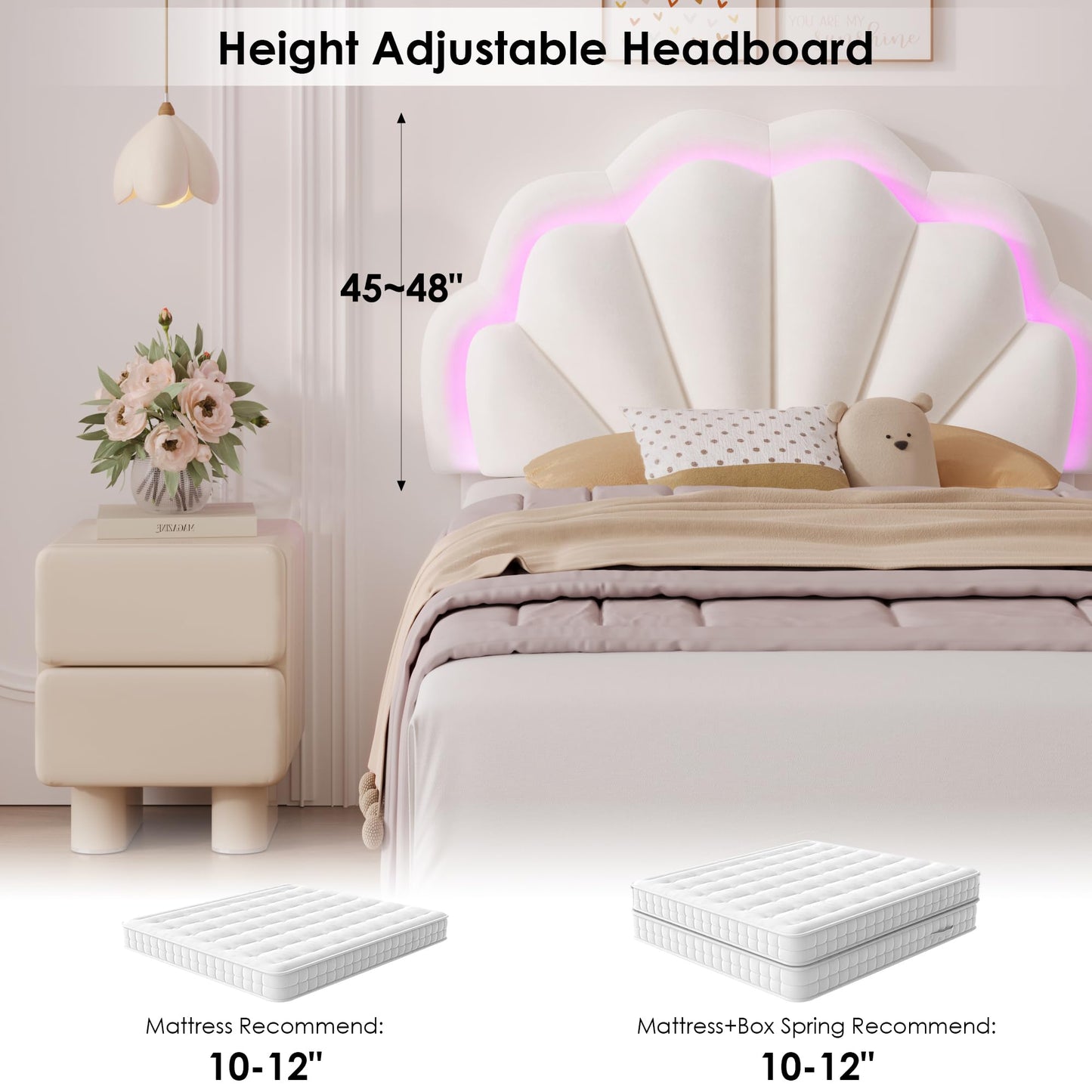 HIFIT Twin Upholstered Smart LED Bed Frame with Storage Drawer and Adjustable Chic Double Petal Headboard, Princess Platform Bed for Girls/Kids, Solid Wood Slats Support/No Box Spring Needed, Beige
