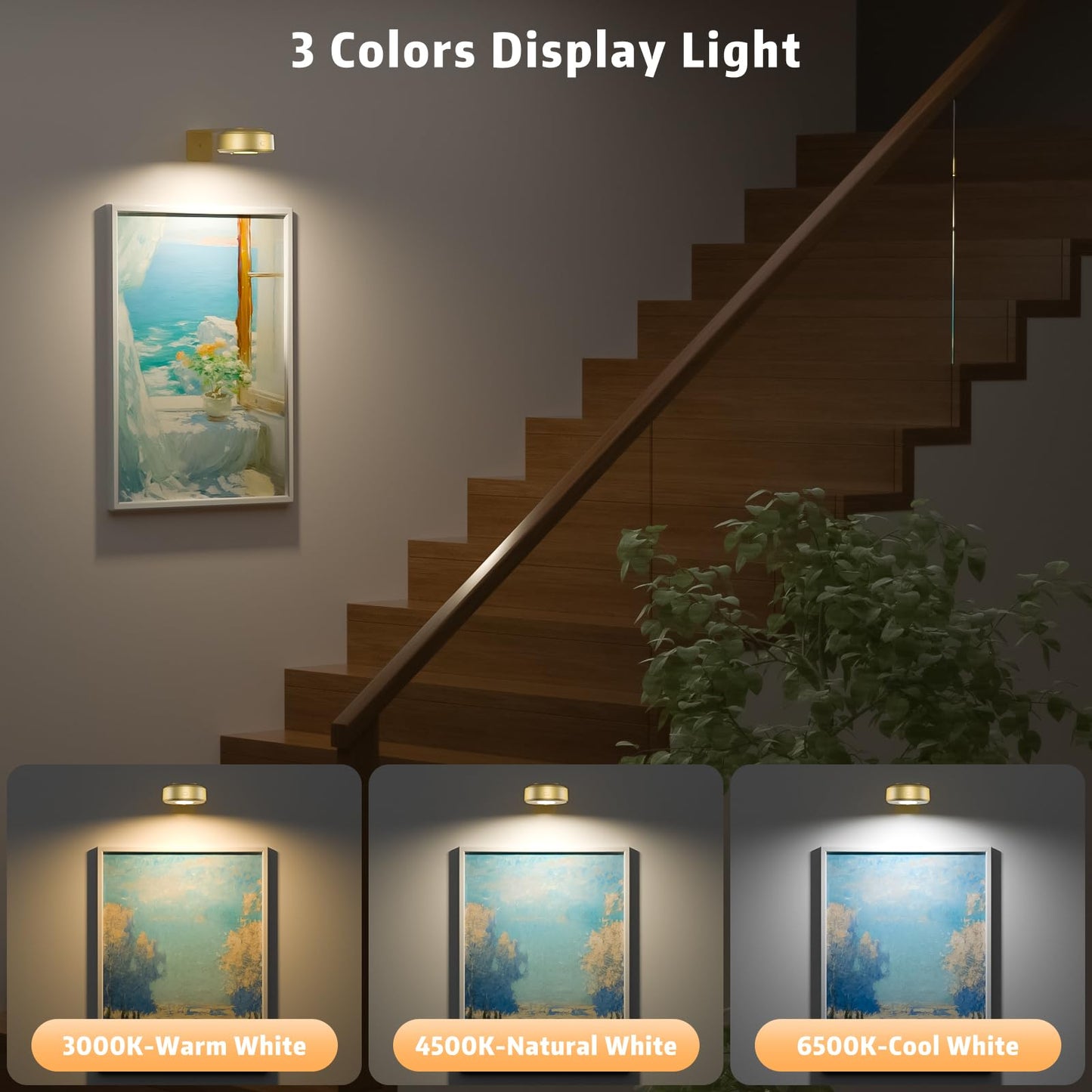 3PCS Picture Lights, Rechargeable Battery Wall Light for Paintings, 3 Colors Paintings Light Dimmable and Timer Metal Art Light for Display, Wall, Artwork, Gallery (Gold)