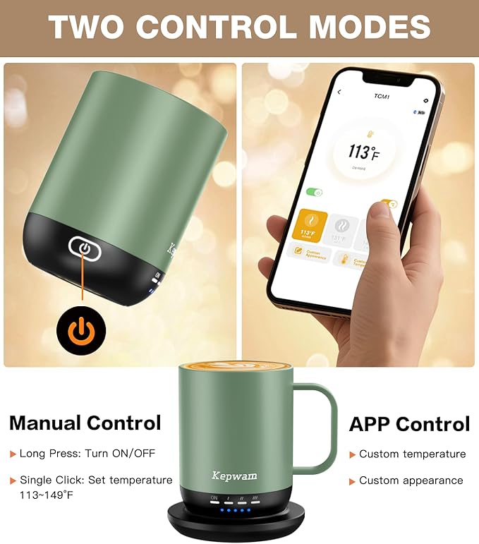 Kepwam Self Heating Coffee Mug T1-16oz Fast Heating & Ultra Long-Lasting Battery Life, Heated Coffee Mug Up to 149℉ - Touch & App Controlled Coffee Mug, Birthday Gifts for Women and Men