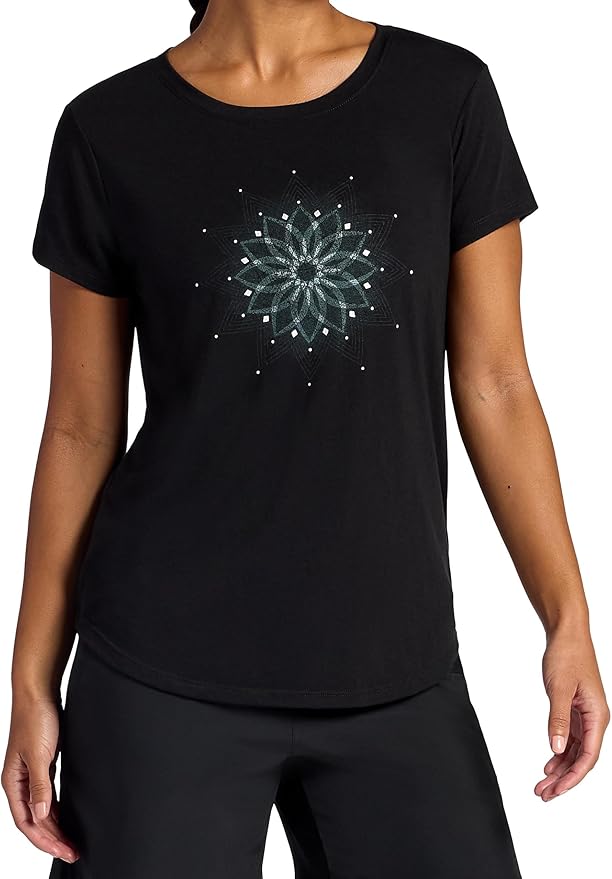 Gaiam Womens Mindful Flower Moon Crewneck T-Shirt, Relaxed Fit, Stretch Lightweight Material, Curved Hem