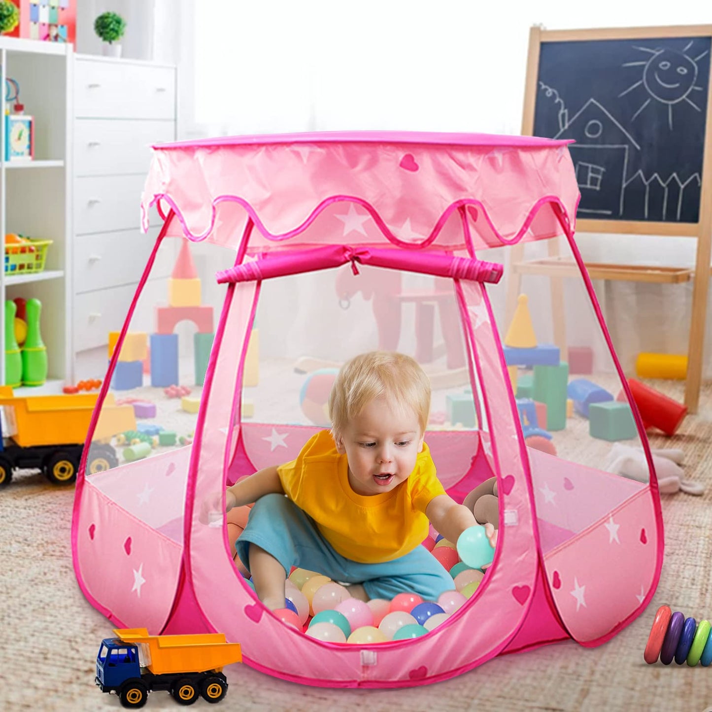 Crayline Pop Up Princess Tent with Star Light, Toys for 1 2 3 Year Old Girl Birthday Gift, Ball Pit for 12-18 Months Baby Girl Toys, Toddler Gift, Easy to Pop Up and Assemble(Pink)
