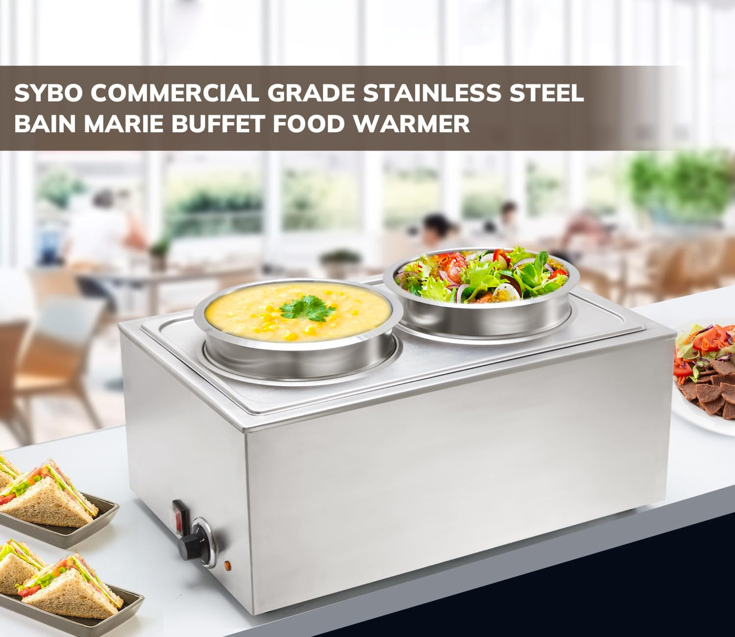 SYBO Commercial Grade Stainless Steel Bain Marie Buffet Food Warmer Steam Table for Catering and Restaurants (2 Round Pots)