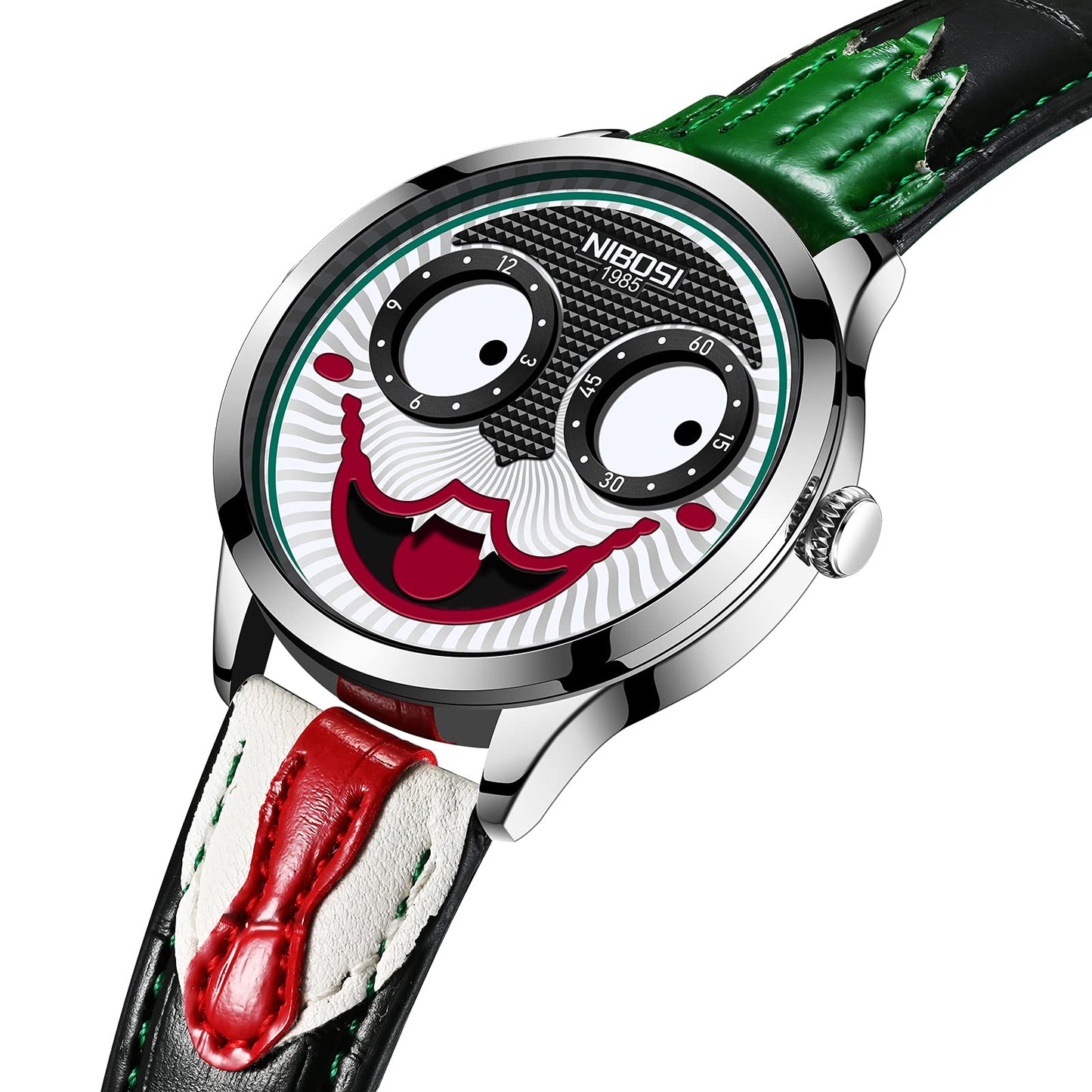 NIBOSI Watches for Men Analog Quartz Clown Dial Unique Weird Fashion Cool Wrist Watch Waterproof Green Leather Strap Men's Watches