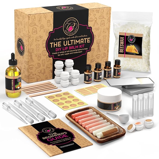 CraftZee 𝗣𝗥𝗘𝗠𝗜𝗨𝗠 Lip Balm Making Kit. DIY Lip Gloss Pack, Natural Beeswax, Shea Butter, Sweet Almond Oil, Essential...