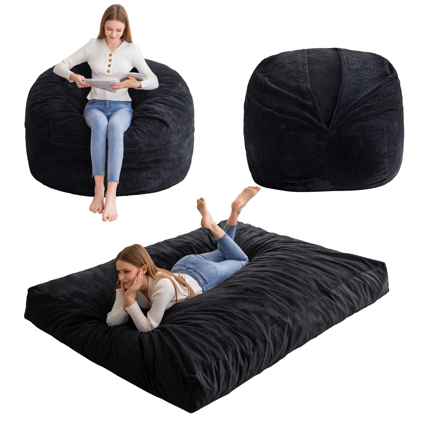 HIGOGOGO Giant Bean Bag Chair Bed for Adults,Convertible Beanbag Folds from Lazy Chair to Floor Mattress Bed,Large Floor Sofa Couch for Adult,Couples,Family,High-Density Foam Filling, Machine Washable