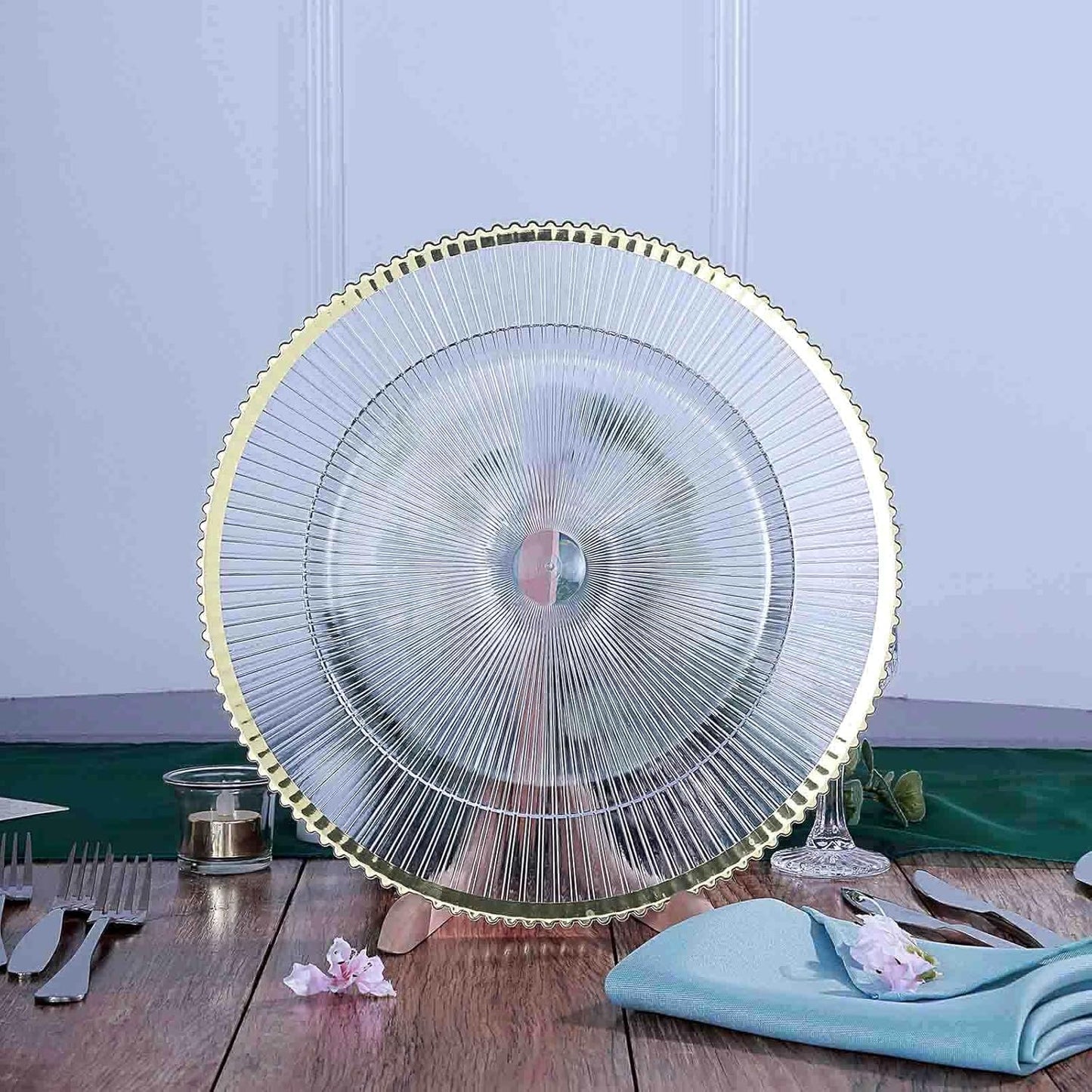 Efavormart 6 Pack | 13" Round Starburst Pattern Clear Plastic Charger Plates with Gold Wavy Rim