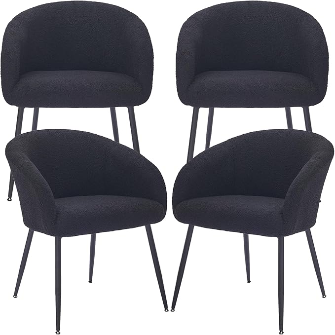 YDcosyfy Modern Small Accent Chair Set of 4, Comfy Sherpa Makeup Vanity Chair with Metal Legs, Decorative Dining Chair no Wheels for Living Room, Dressing Room, Bedroom, Black