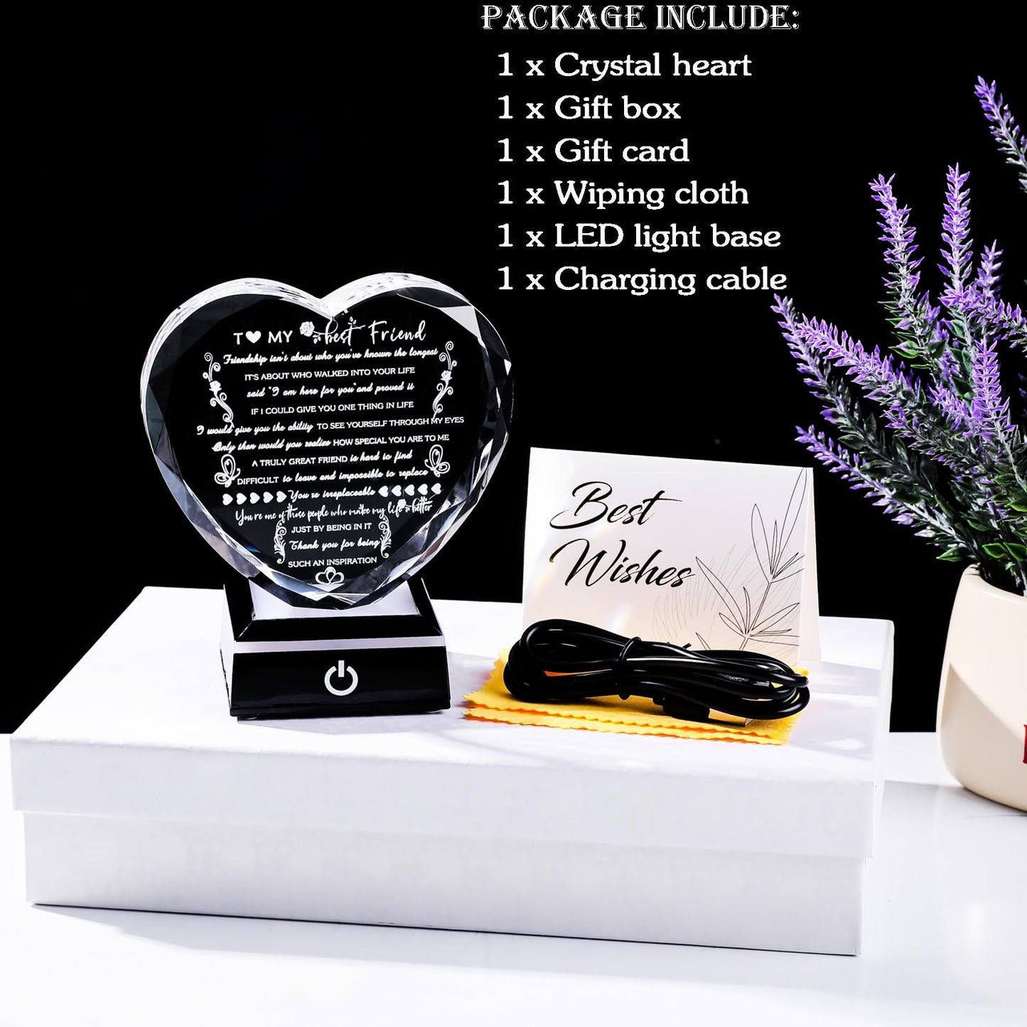 YWHL Birthday Gifts for Best Friend with Colorful LED Base Heart Crystal Friendship Gifts for Women Meaningful Bestie Gifts Mothers Day BFF Gift Idea for Her Female Friend