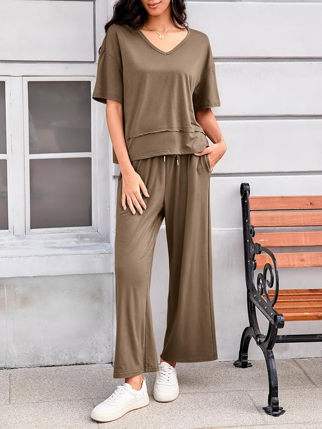 Tankaneo Womens 2 Piece Sets Casual Tracksuits Short Sleeve Tops Wide Leg Pants Outfits Lounge Sets