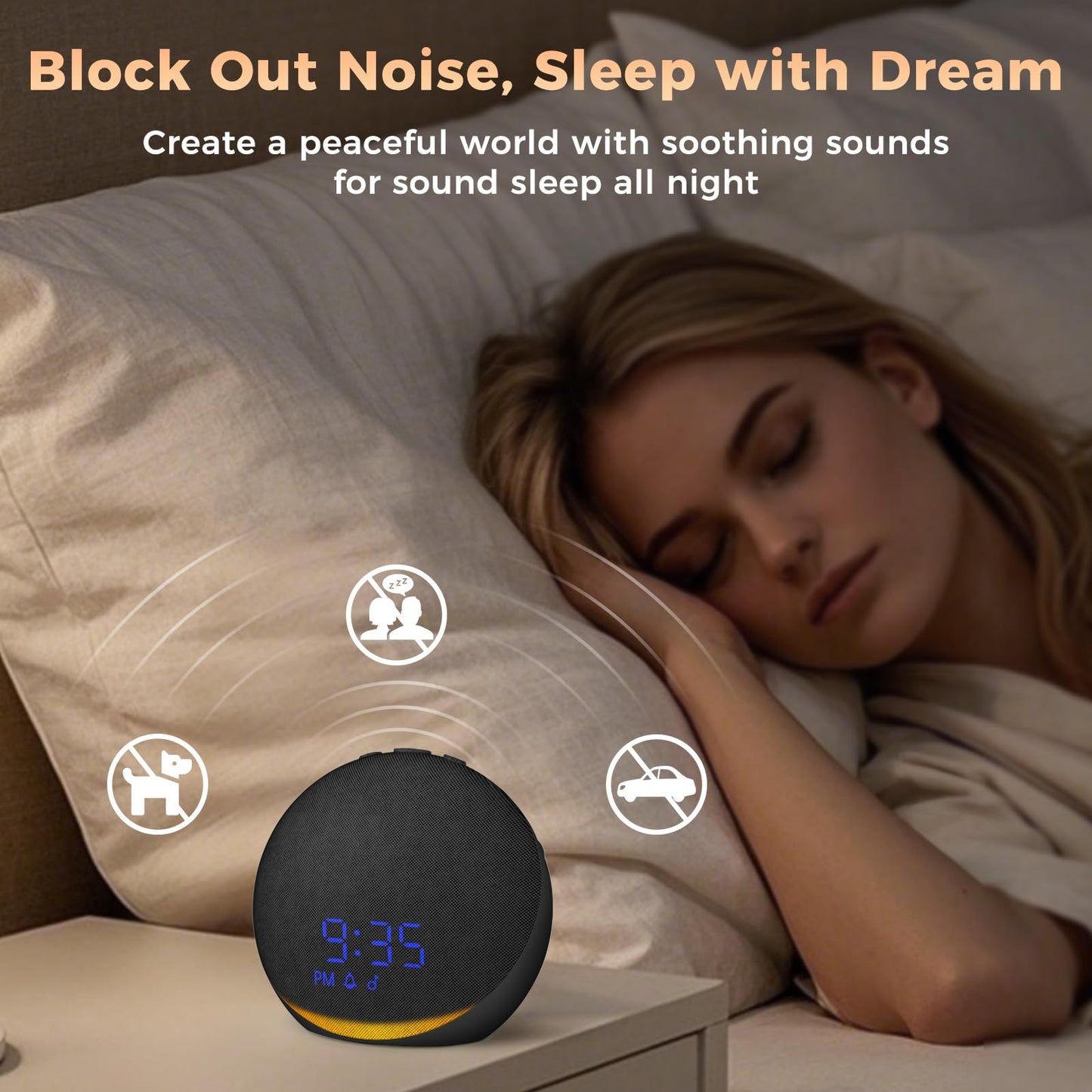 Sound Machine Alarm Clock for Bedroom: 25 Natural Sleep Sounds - White Noise Machine for Adults Kids Baby - Gentle Wake Up Alarm with Bluetooth Speaker - Black