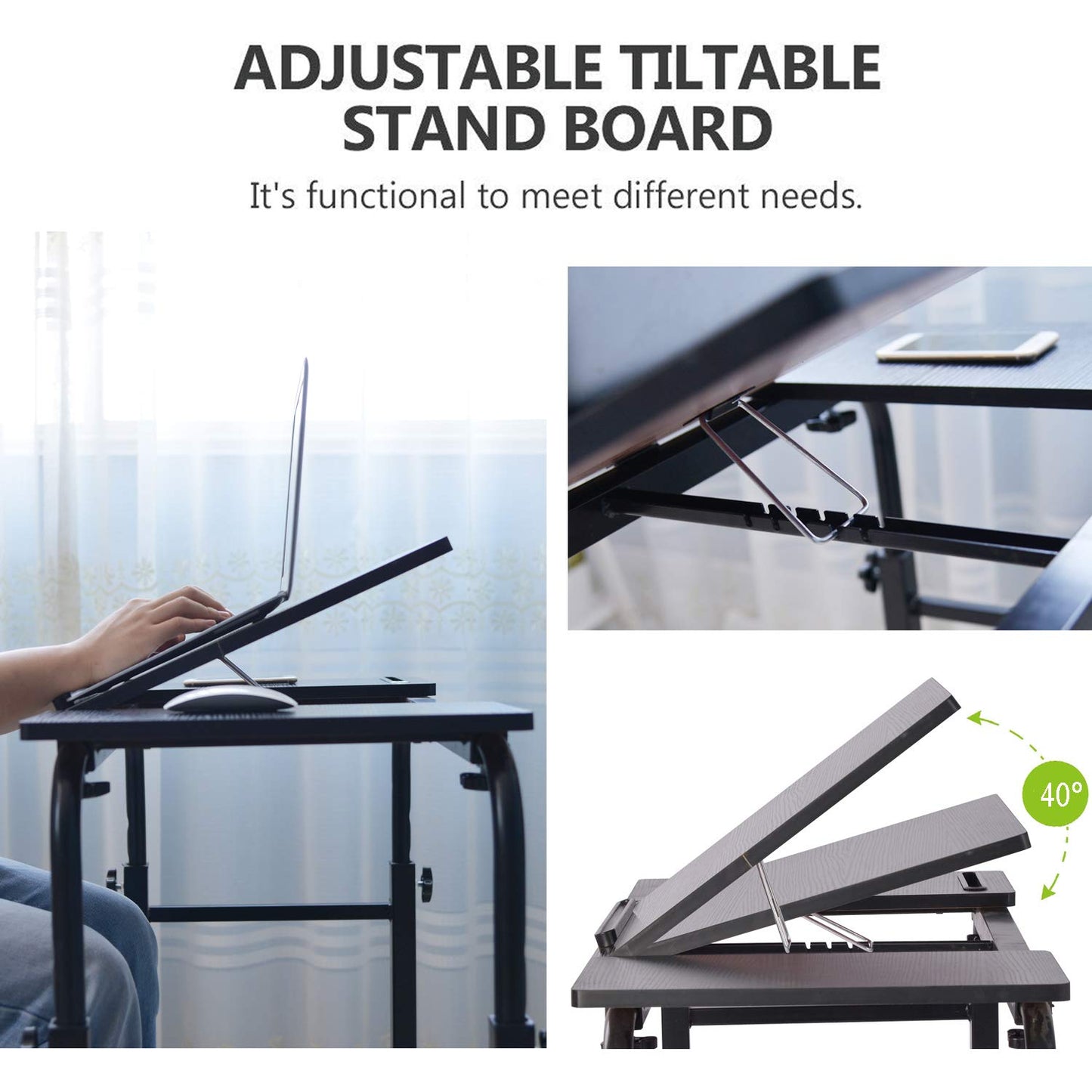 KOMOREBI Overbed Table with Wheels Laptop Desk Cart Table Over The Bed Table Adjustable Height and Length for Hospital and Home use