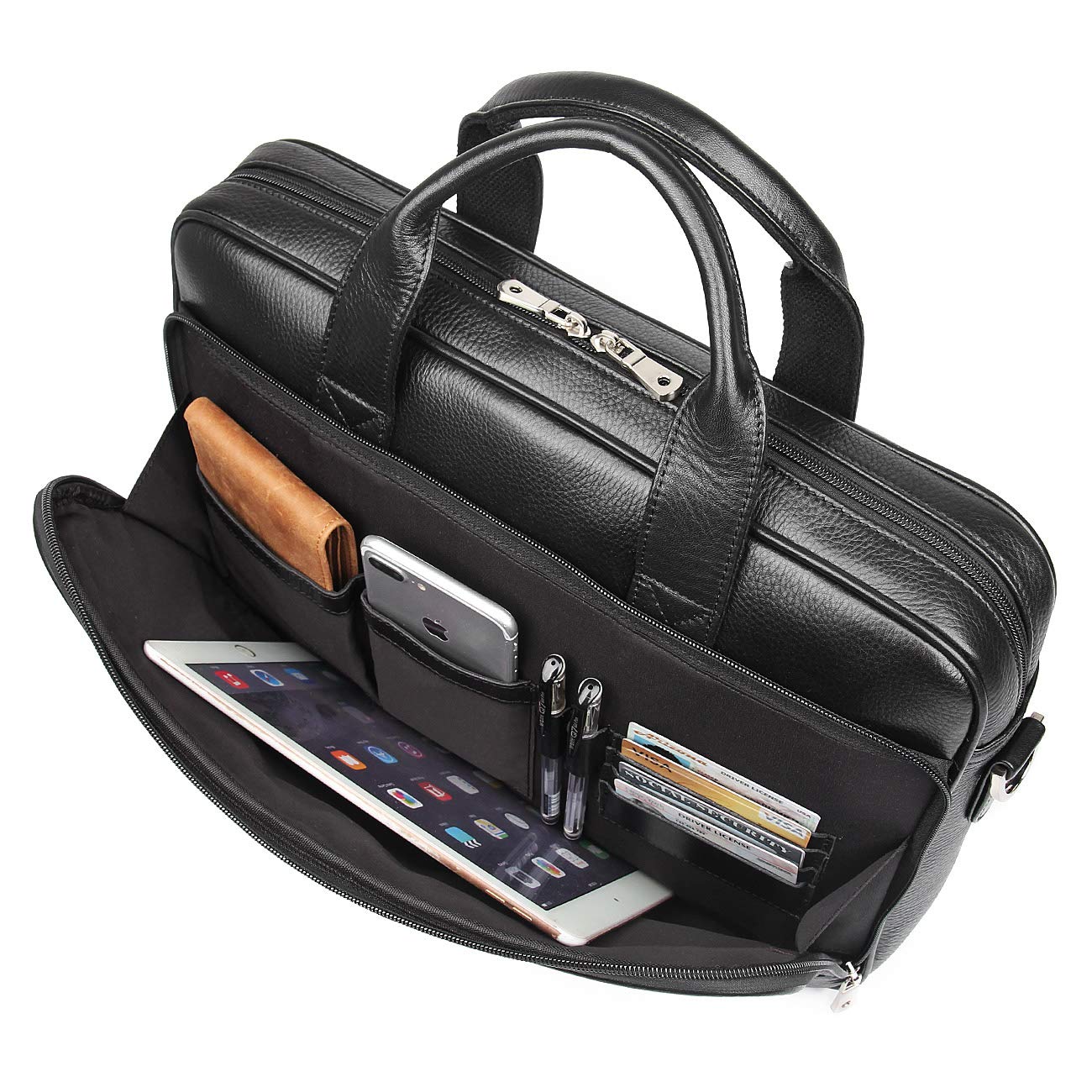 Augus Leather Briefcase for Men 16 inch laptop Bag Genuine Leather YKK Zipper Messenger Shoulder Bag for Work Black