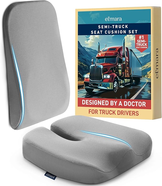 Elmara Doctor-Designed Semi-Truck Seat Cushion for Truck Driver – The Ultimate Comfort Solution for Long-Haul Drivers – Trucker Seat Cushion & Back Support – 2-Piece Ergonomic Set (Gray)