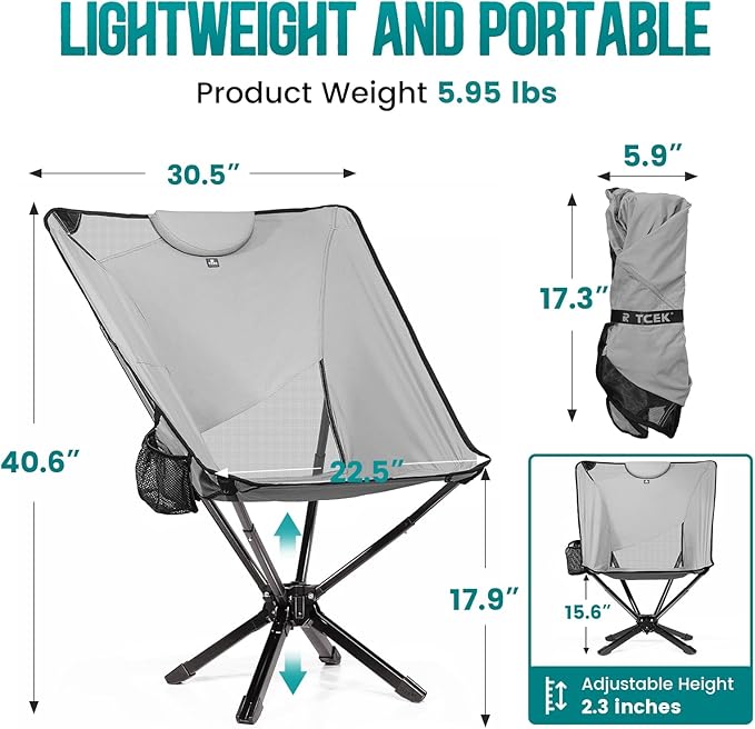TCEK Portable High Back Camping Chair with Adjustable Height, Small Compact Outdoor Folding Chair for Adults Travel, Riselite Collapsible Lightweight Packable Camp Chairs, Easy Carry and Quick Setup