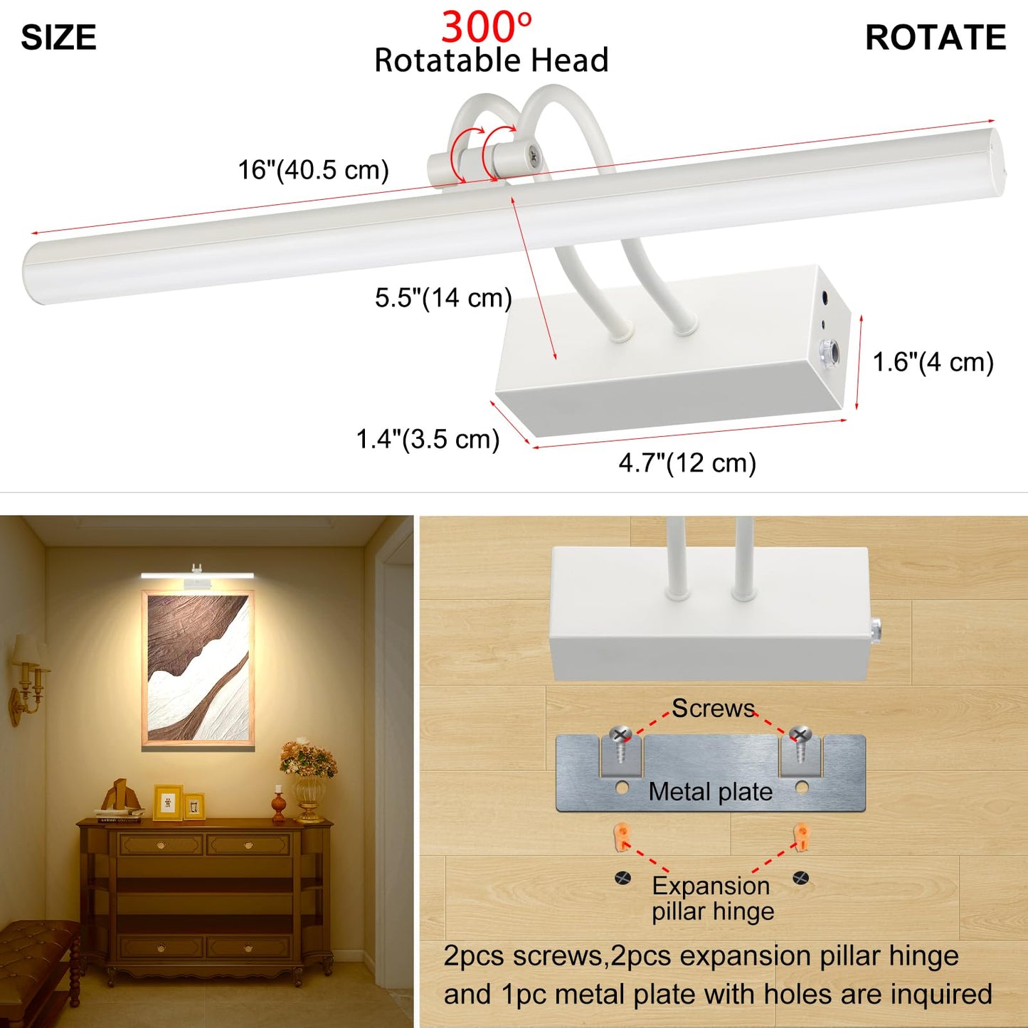RAIFOOLLY Picture Light,Picture Lights for Wall Cordless,16" Picture Lights with Timer and Dimmable,Battery Wall Lights for Display Gallery Painting Art Frame Portrait-WH