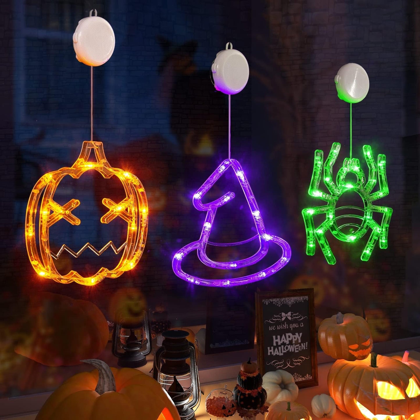 LOLStar Halloween Decorations 3 Pack Orange Pumpkin Green Spider Purple Witch Hat Window Lights with Suction Cup Battery Operated Slow Fade Timer Function Halloween Lights for Window Decor
