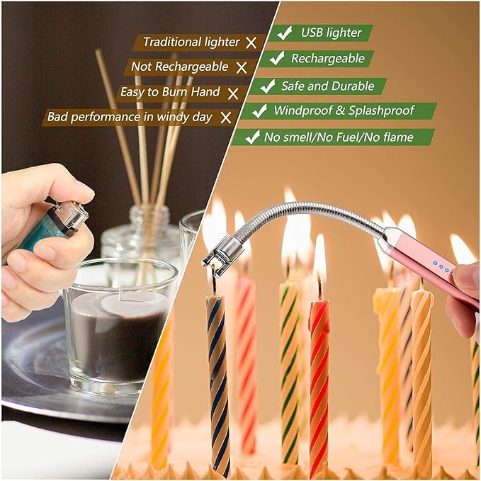 MEIRUBY Electric Candle Lighter, Birthday Christmas Stocking Stuffers Gifts for Women Mom Men Wife Sister, USB Arc Rechargeable Windproof Long Lighter for Candle BBQ Housewarming Gift Idals