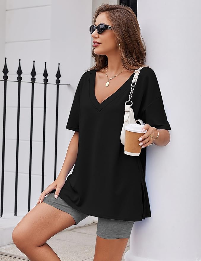 Ekouaer Womens Pajamas 2 Piece Lounge Sets Oversized V Neck T-Shirts Tops Biker Shorts Set Workout Reversible Tracksuit S-XXL