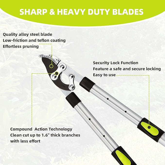 Loppers for Tree Trimming Heavy Duty Branch Cutter with Compound Action, Effortless Tree Pruner Extendable 21-26" Loppers for Gardening, Long Handle Pruning Shears with 1.6" Clean Cut Capacity