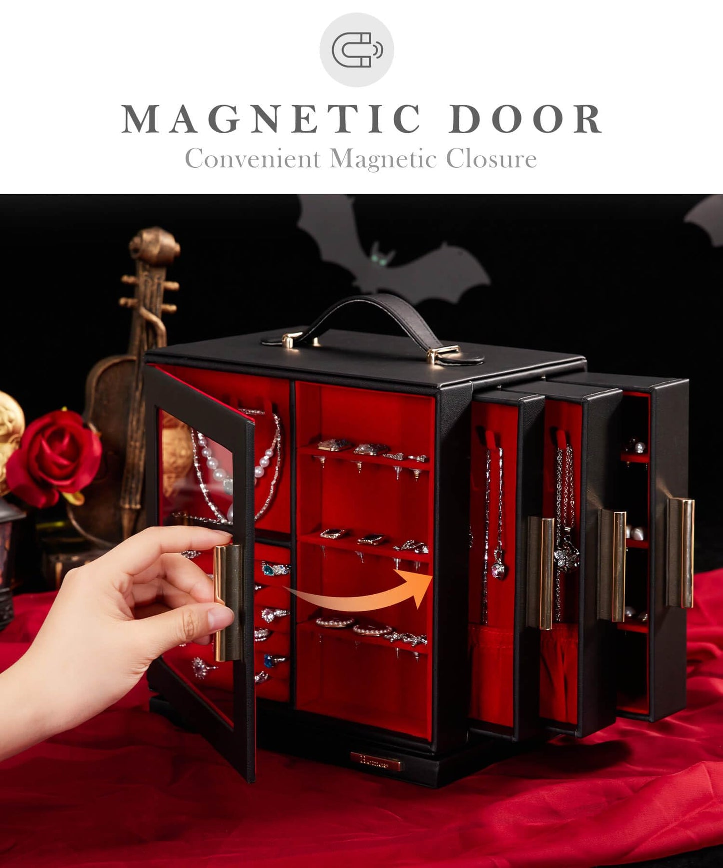 Homde Jewelry Box 360° Rotating, Necklace Earring Organizer with Transparent Window, Mirror, 7 Drawers, Large Ring Display Storage Case for Girls Women (Black + Red)