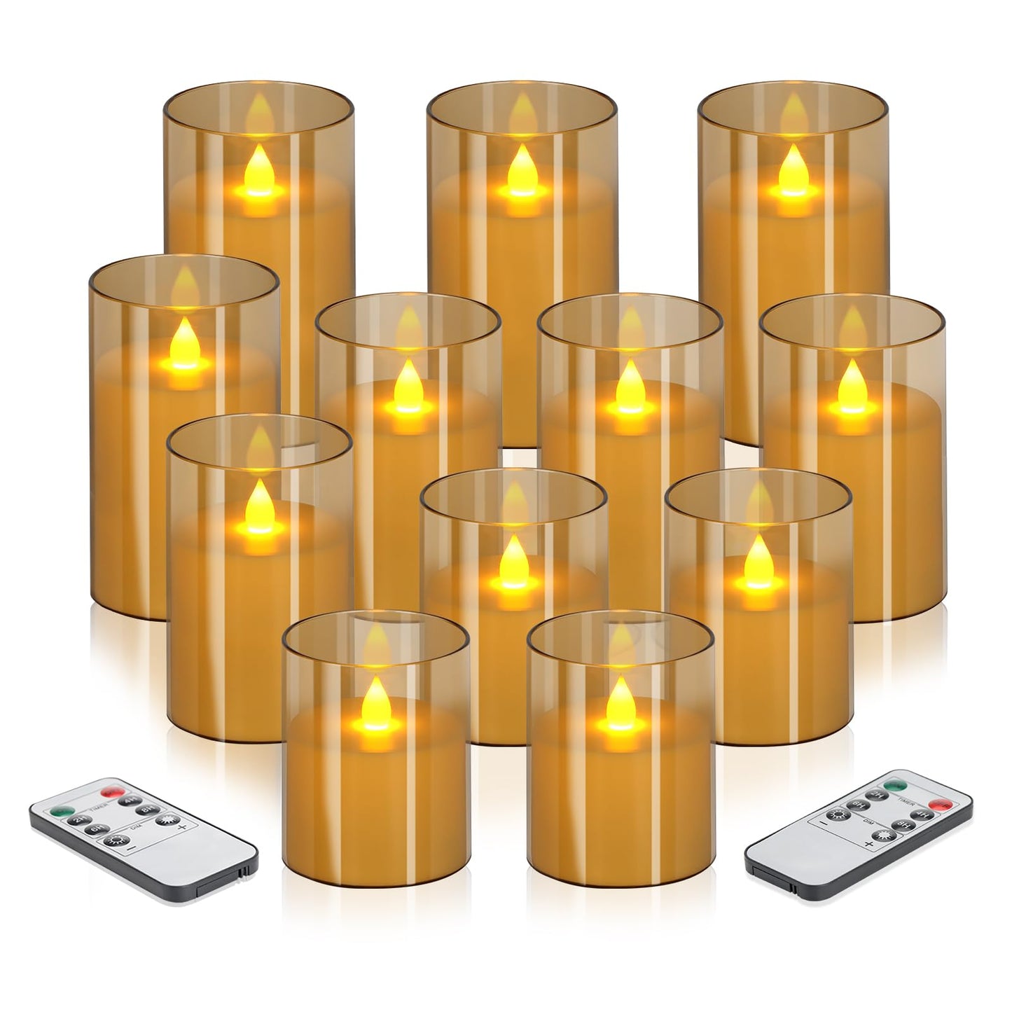 wemarry Flameless Candles 4" 5" 6" Set of 12 Acrylic Glass Pillars 3" Diameter Battery Operated Flickering Candles Include 8-Key Remote with Timer Function 400+ Hours (Amber, 12 Pack)