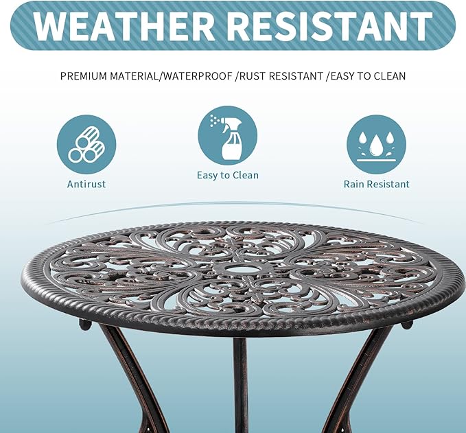 Withniture Bistro Set 3 Piece Outdoor Bistro Set, Cast Aluminum Bistro Table Set with Umbrella Hole, Anti Rust Bistro Table and Chairs Set of 2 for Front Porch, Balcony, Bronze