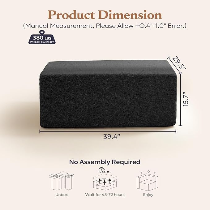 Furnify 40" Memory Foam Couch Footrest, Cloud Modular Sofa Ottoman, Upholstered Floor Sofa Ottoman, Upholstered Sofa for Bedroom Living Room, No Assembly Required (Black, Teddy Boucle)