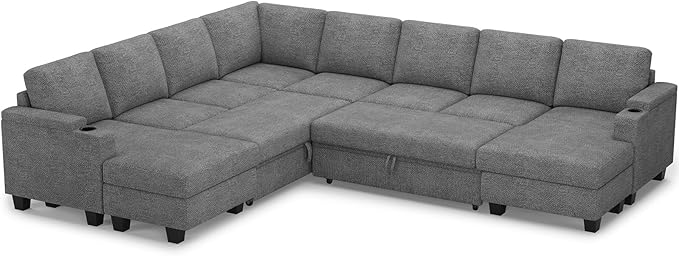 Belffin Oversized Sleeper Sofa U Shaped Modular Sectional Couch with Double Storage Chaise Convertible Sofa Bed. Light Gery Couch