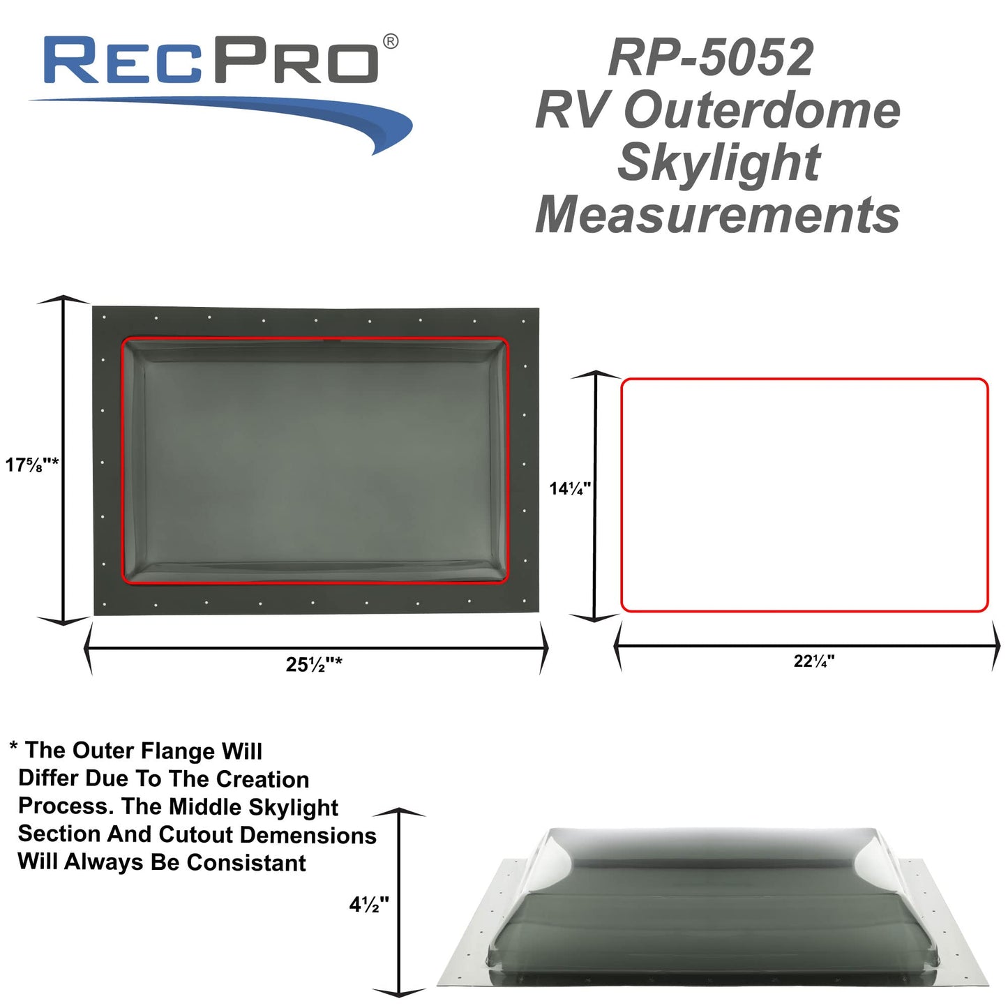 RecPro RV Skylight Outer Dome | 14" x 22" Universal Outer Skylight (Smoke)