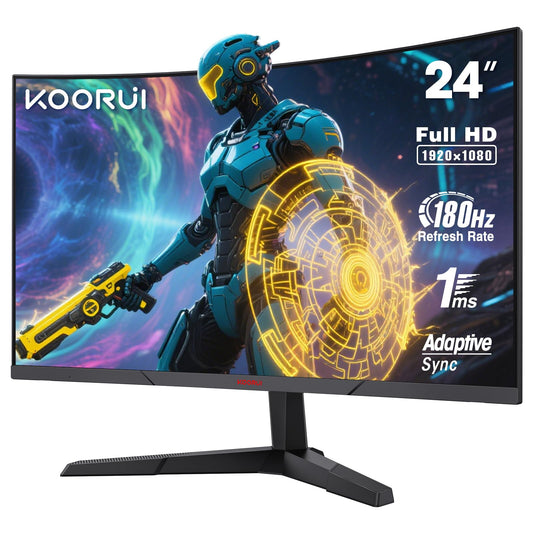 KOORUI 24 Inch Curved Gaming Monitor 180Hz 1ms,FHD 1080p 1500R Curved Display with Adaptive Sync,99% sRGB,HDR10,Eye Care,VESA Compatible,HDMI2.0X2 &DP1.2,Tilt Adjustable,Black