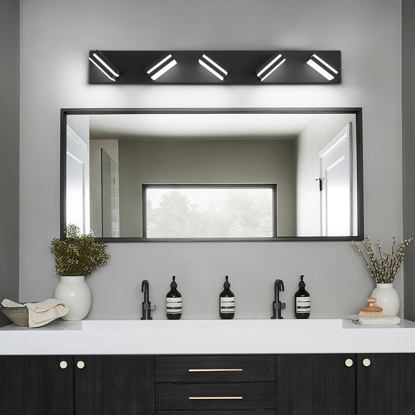 JZEKVN Modern LED Bathroom Lights Fixtures(5-Light),Metal Black Acrylic Wall Lighting,Vanity Lights for Bathroom Over Mirror(6000k 34in)