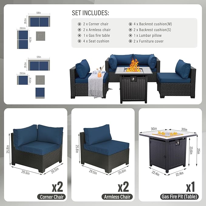 WAROOM Outdoor Patio PE Wicker 5 Piece Furniture Set, Black Rattan Sectional Conversation Sofa Chair with Square Propane Fire Pit Table, Navy Blue Cushion