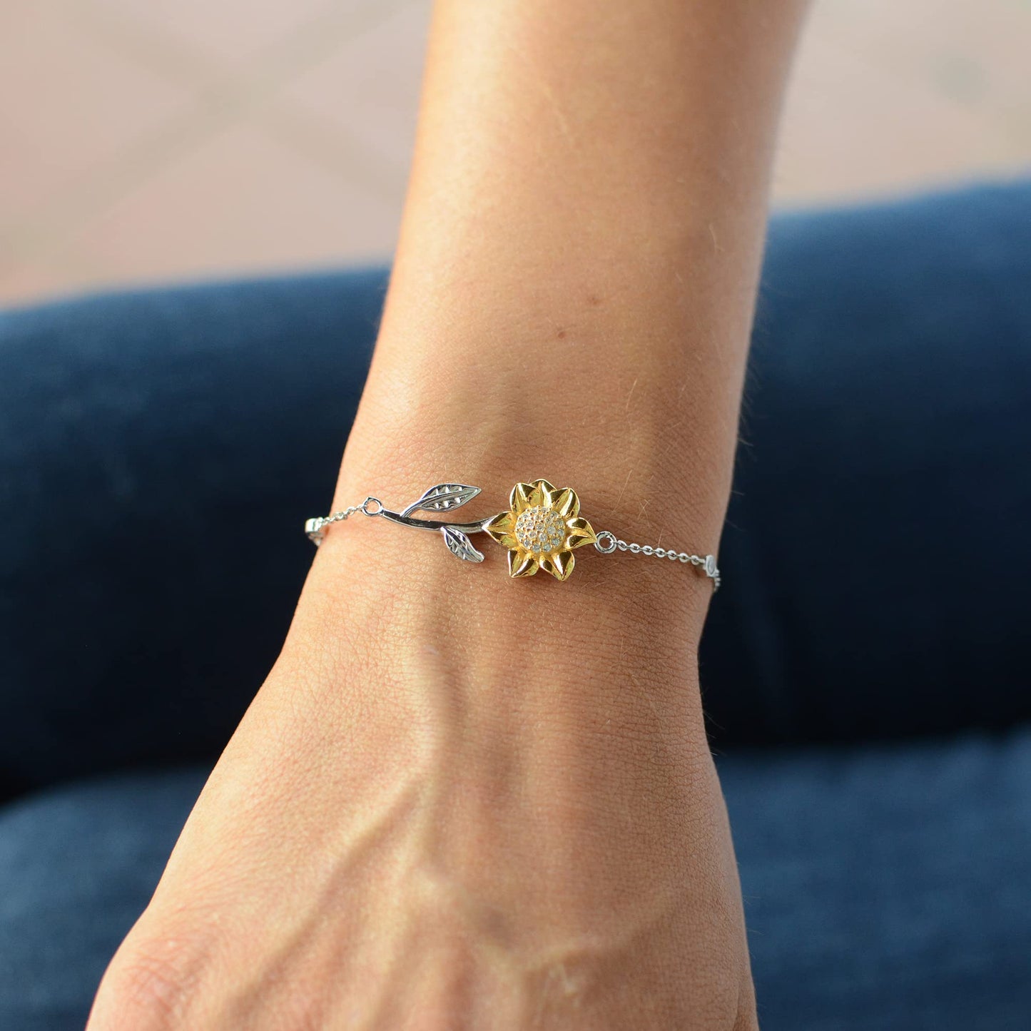 To My Son’s Girlfriend Gift, Sterling Silver and CZ Jeweled Sunflower Bracelet Gift for Son’s Girlfriend