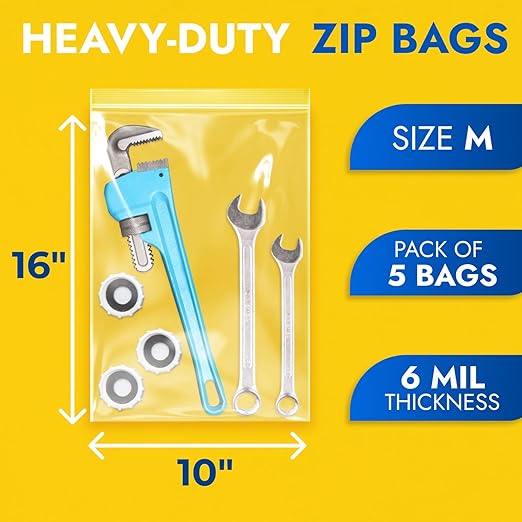 10" x 16" Medium Zip Seal Lock Bags, 6 Mil (Pack of 5) – Heavy-Duty Reclosable Plastic Bags – Clear, Resealable, Waterproof – For Storing and Organizing Clothes, Jewelry, and Travel Items