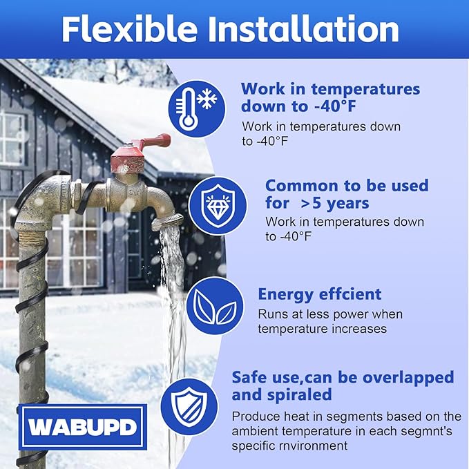 3FT-200FT Heat Tape for Water Pipes, -40°F Deicing Pipe Heat Cable,Electric Heating Cable Pipe,Frezze Protection for Heat Trace Cable for Metal, Plastic Home Pipes,Gutter,120V 5W/ft（50FT）