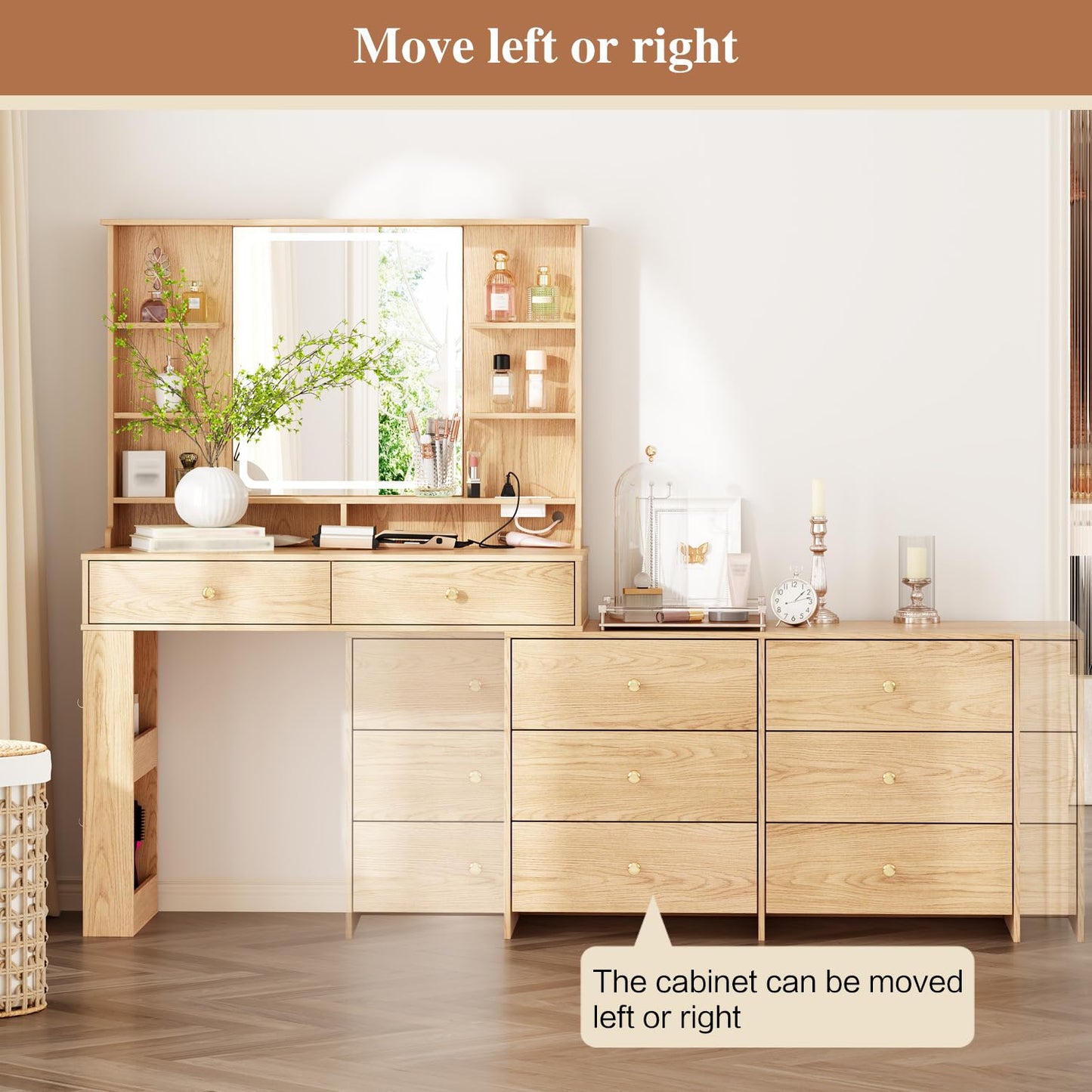 Ieejdn Large Makeup Vanity Desk with Mirror and Lights, Vanity Desk with 8 Drawers & Storage Shelves, Vanity Table with Power Outlet, 3 Color Modes & Adjustable Brightness Dressing Table, Bedroom,Oak