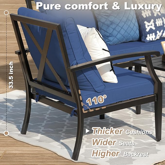 SunloungeCo 4-Piece Patio Furniture Set, Wider Outdoor Metal Seating Sofa with High Back & Loveseat, Coffee Table, All Weather Metal Conversation Set for Backyard, Poolside, Deck-Navy