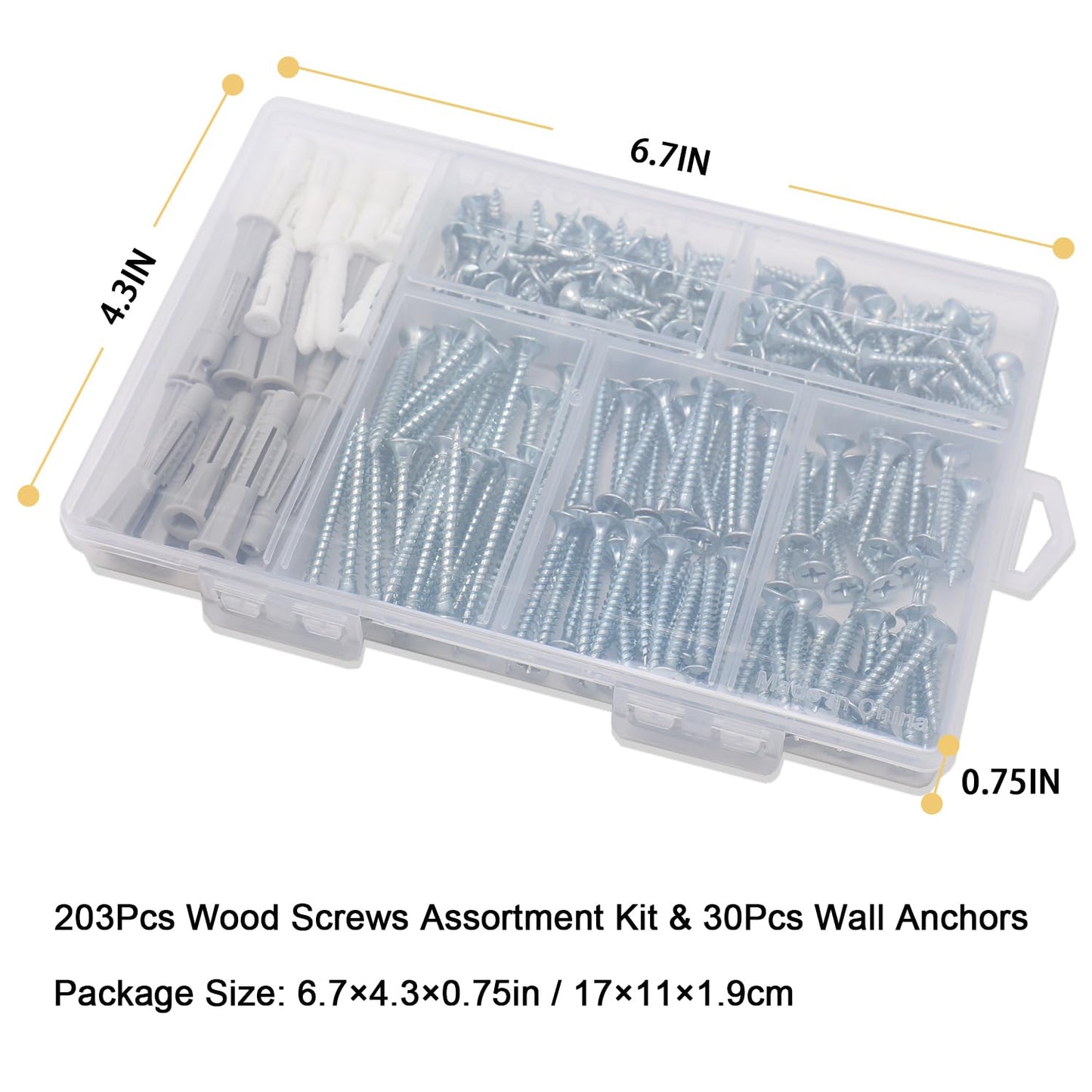 JEGONFRI High Hardness Wood Screws Assortment Kit and Plastic Wall Anchors, 203 pcs 1/2" to 1-1/2" Phillips Drive Flat Head Screws & 30 pcs M6 Drywall Anchors